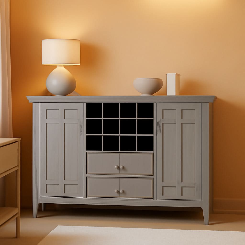 Fog Grey Solid Wood Transitional Sideboard Buffet With Built In Wine Rack