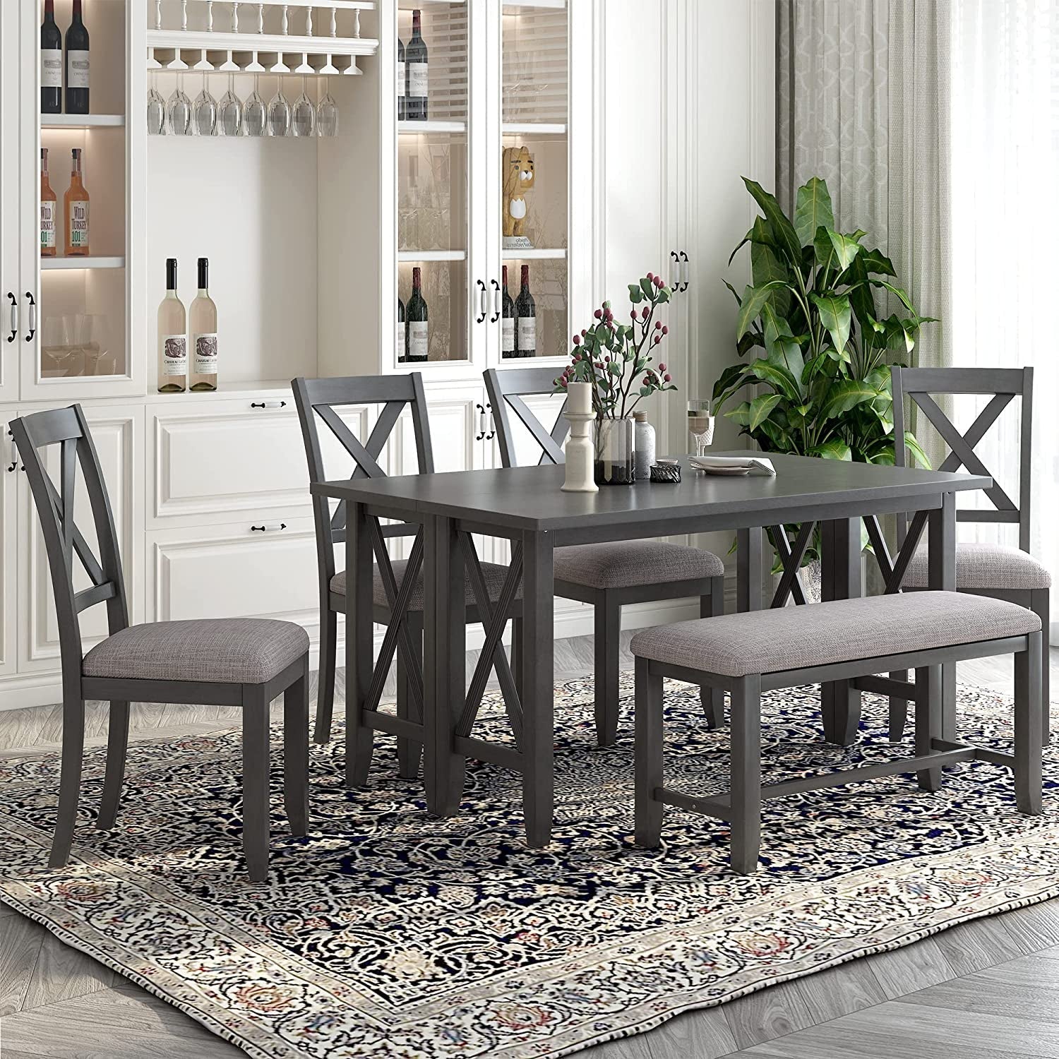 Foldable Dining Table Set For 6 With Gray Burlap Chairs