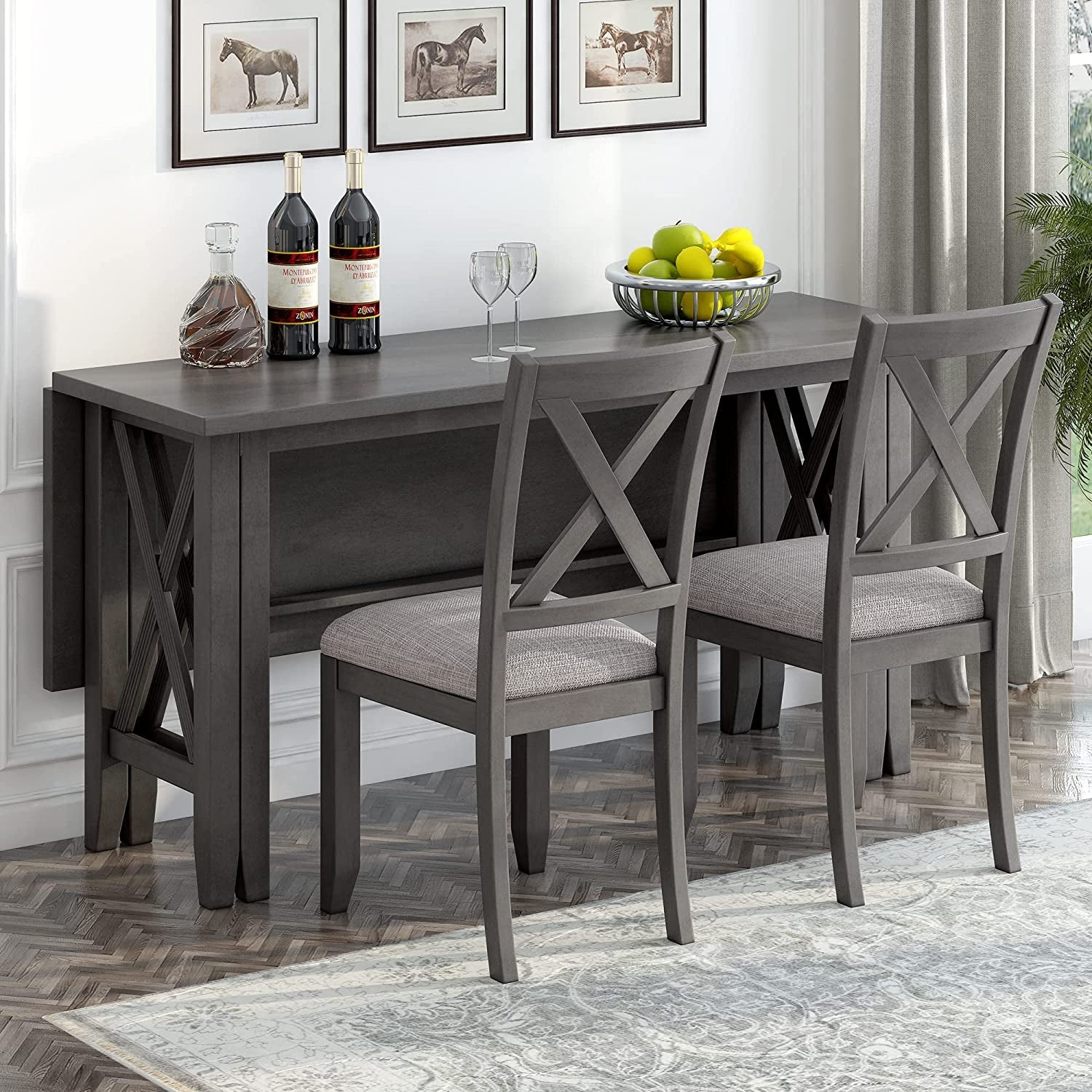 Foldable Dining Table Set For 6 With Gray Burlap Chairs
