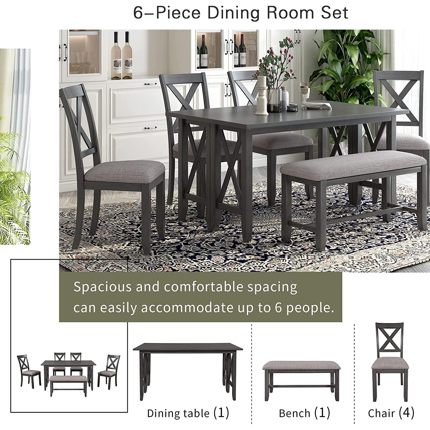 Foldable Dining Table Set For 6 With Gray Burlap Chairs