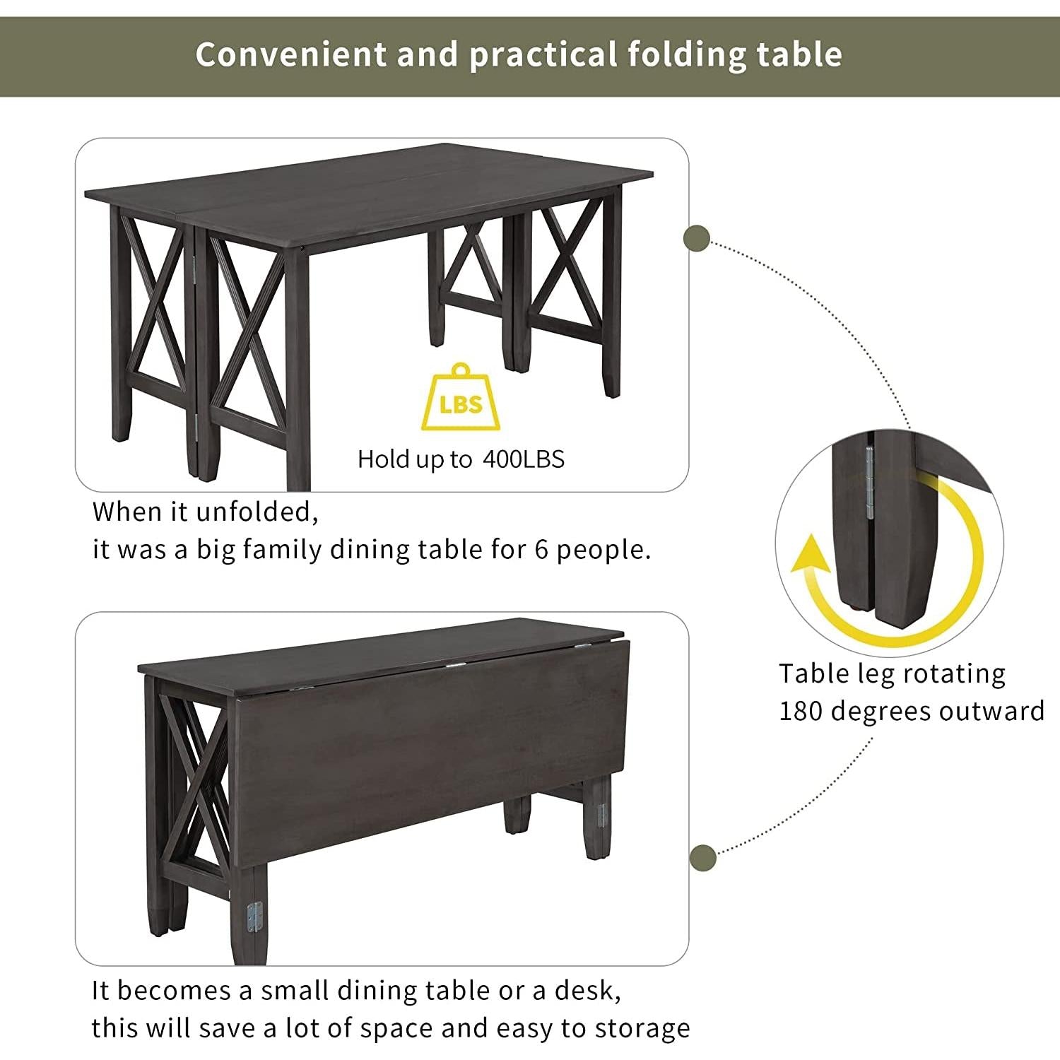 Foldable Dining Table Set For 6 With Gray Burlap Chairs
