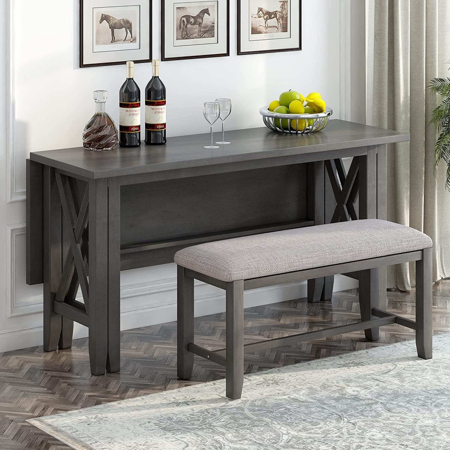Foldable Dining Table Set For 6 With Gray Burlap Chairs