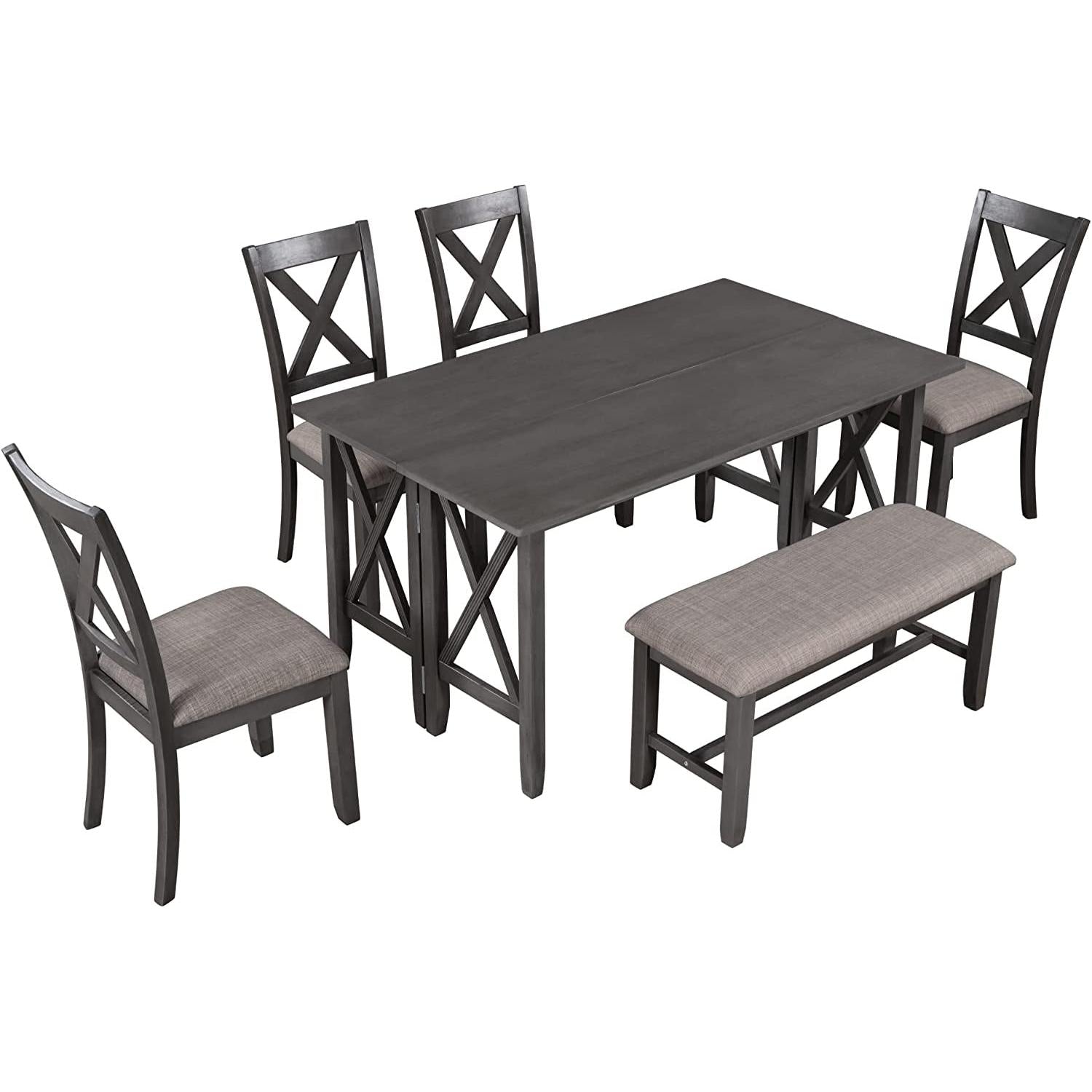Foldable Dining Table Set For 6 With Gray Burlap Chairs