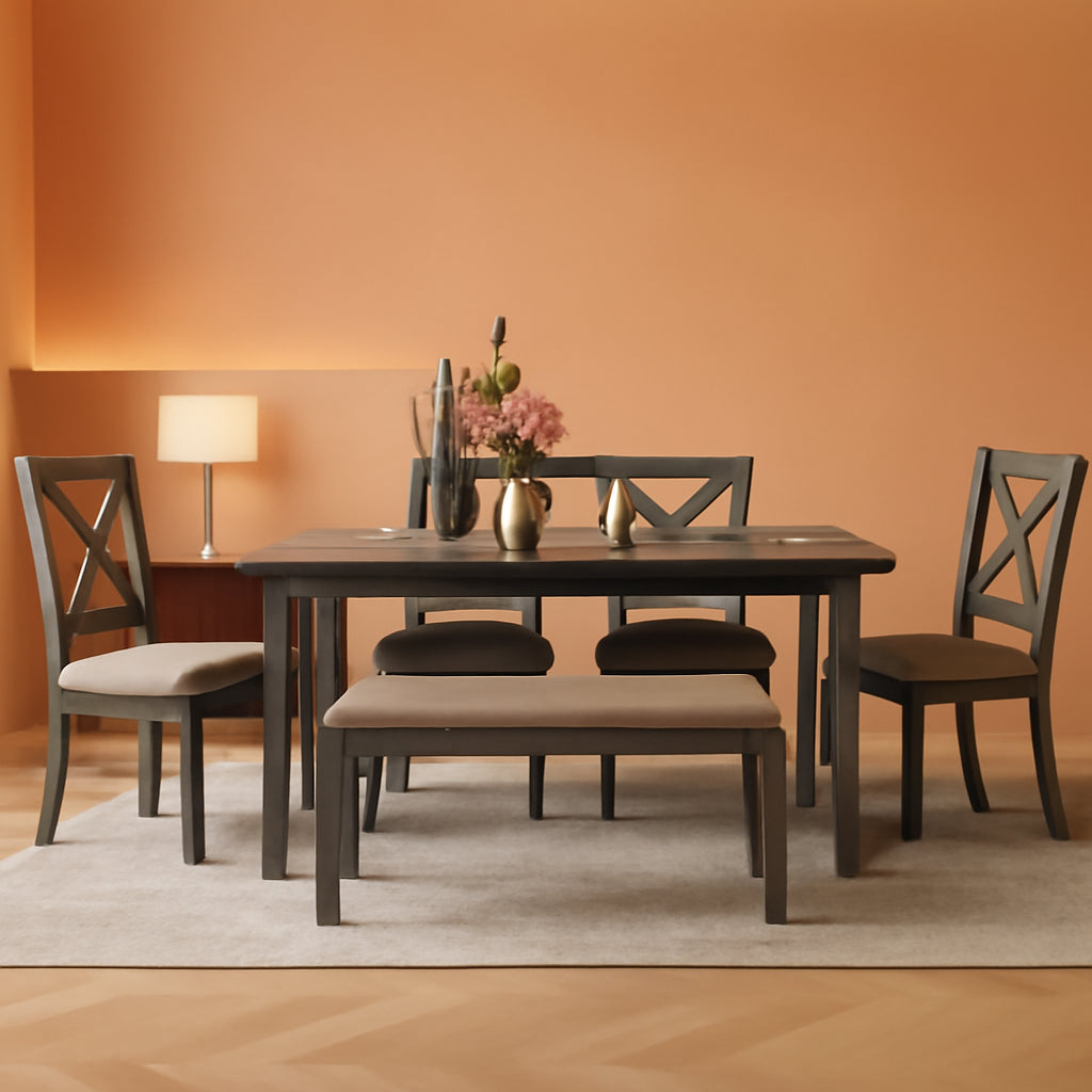 Foldable Dining Table Set For 6 With Gray Burlap Chairs