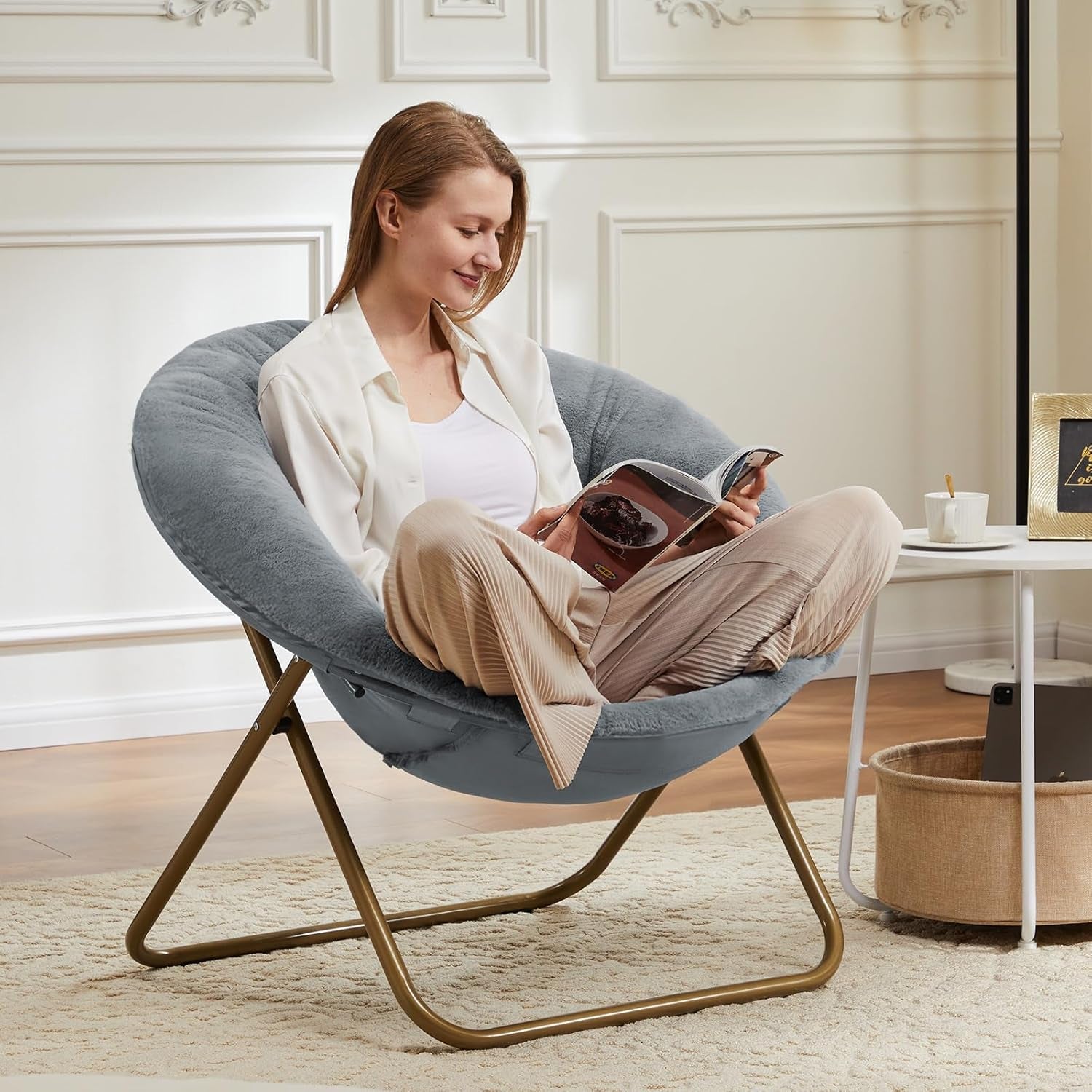 Foldable Saucer Chair Gray Faux Fur Padded Seat Portable