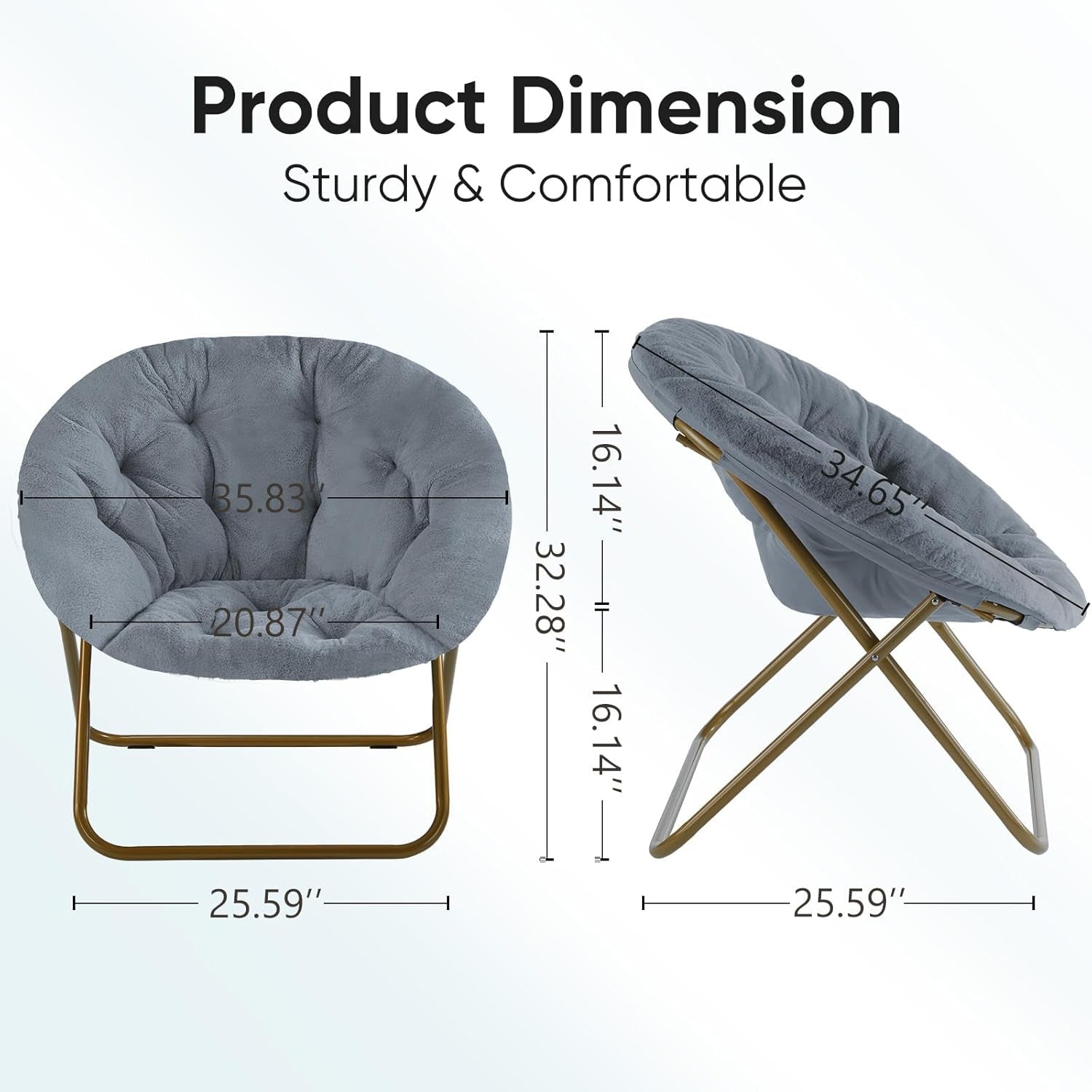 Foldable Saucer Chair Gray Faux Fur Padded Seat Portable