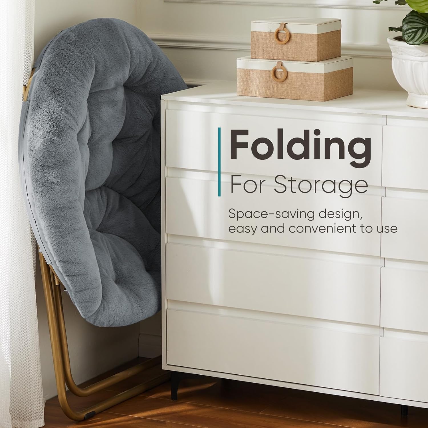 Foldable Saucer Chair Gray Faux Fur Padded Seat Portable