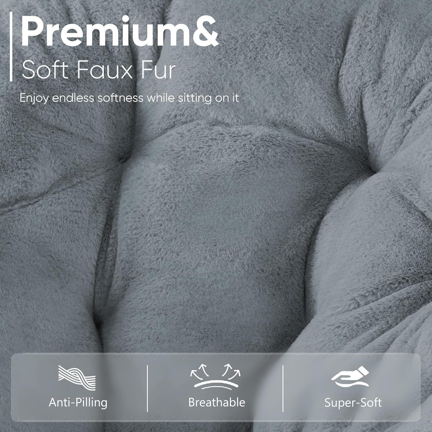 Foldable Saucer Chair Gray Faux Fur Padded Seat Portable
