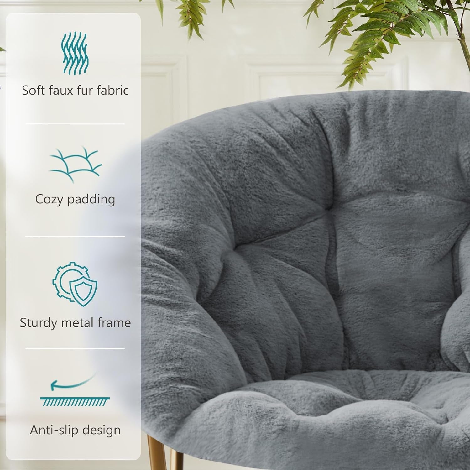 Foldable Saucer Chair Gray Faux Fur Padded Seat Portable