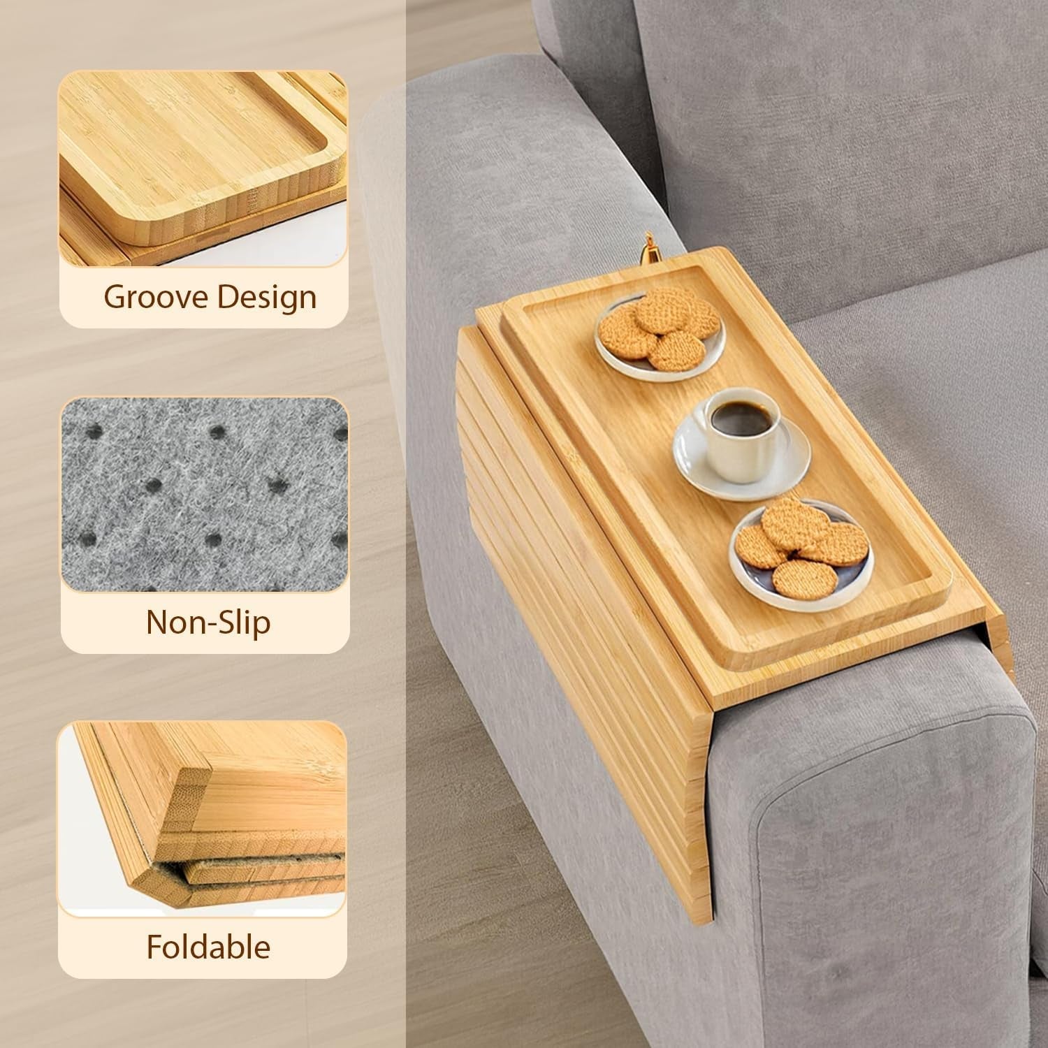 Foldable Wooden Sofa Arm Tray for Drinks and Snacks