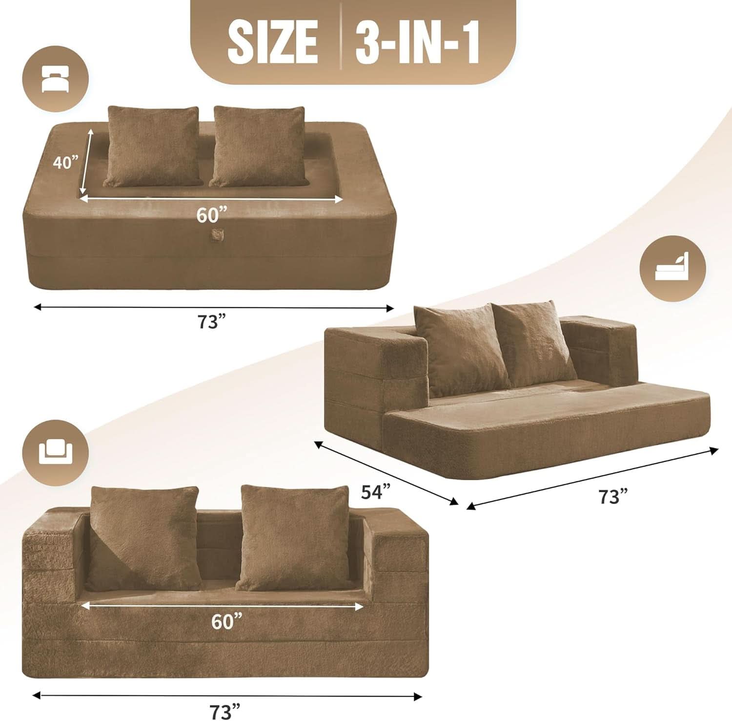 Folding Bean Bag Chair 3in1 Convertible Sofa Bed Brown