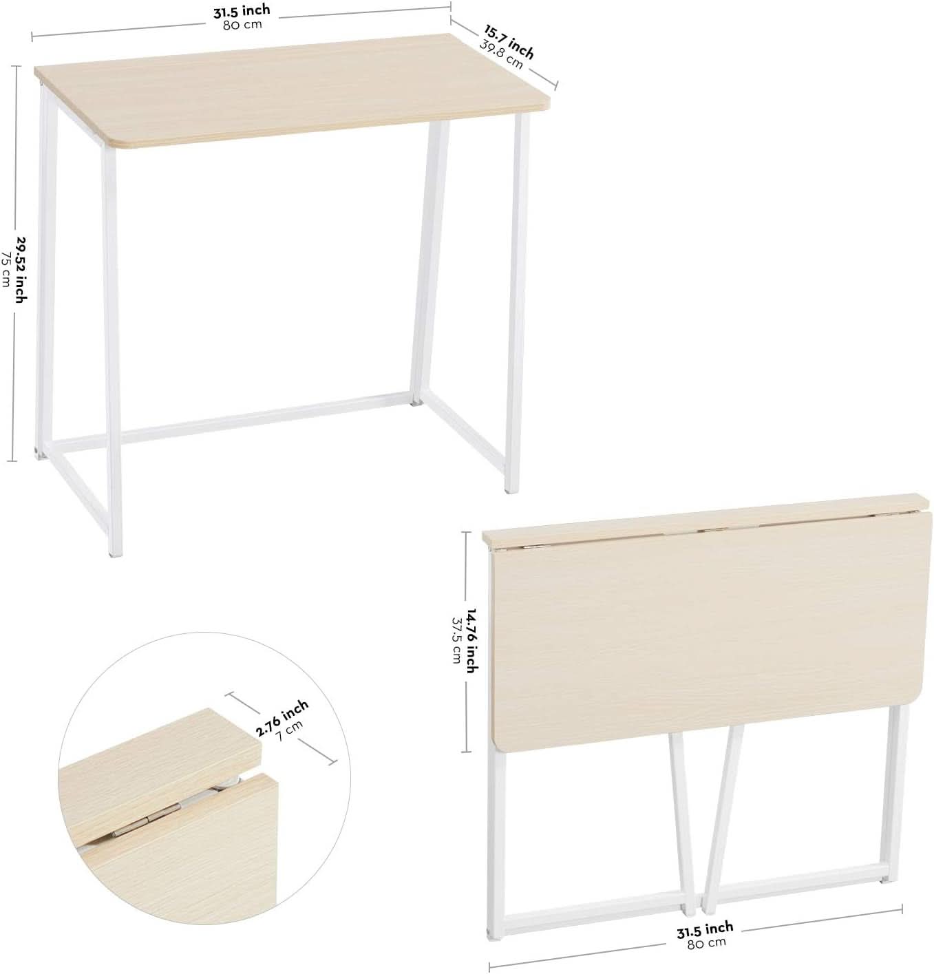 Folding Desk 31.5 Inch Oak Wood Small Space Computer Table