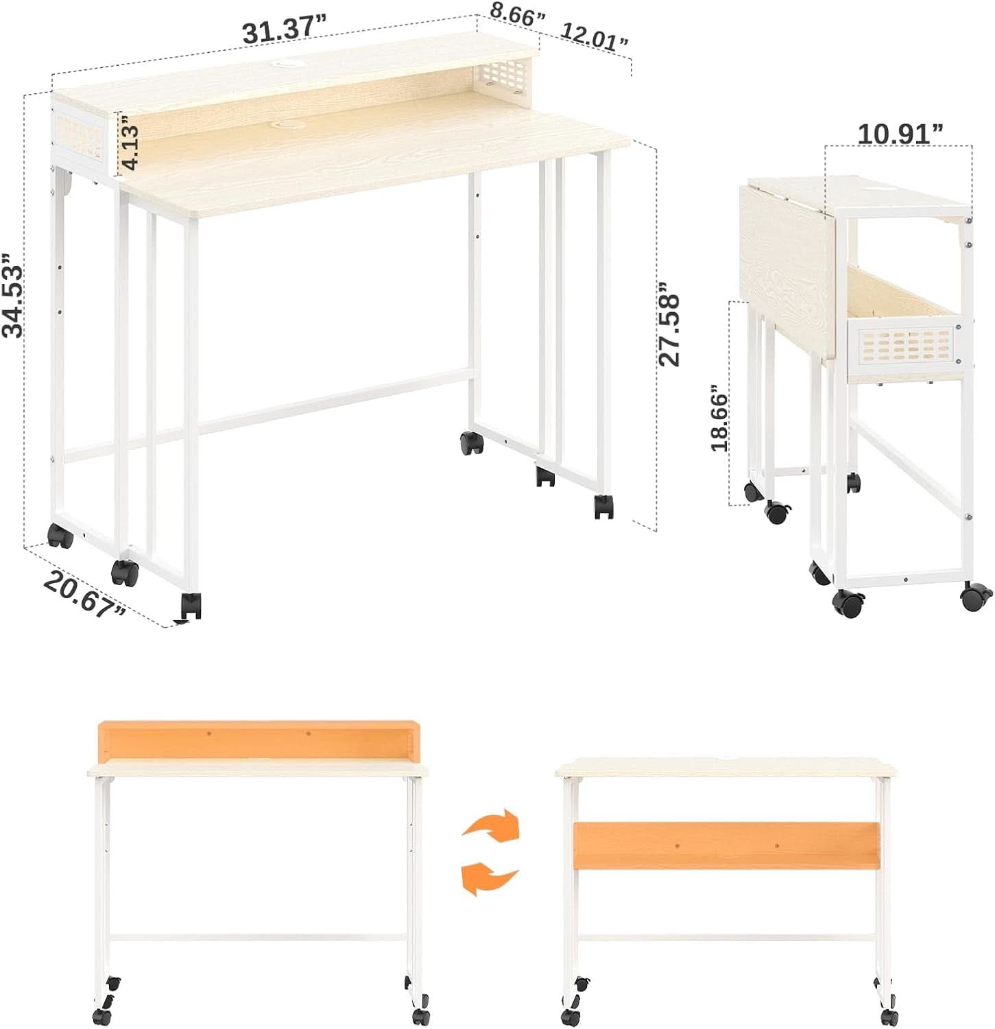 Folding Desk with Wheels and Storage for Small Spaces