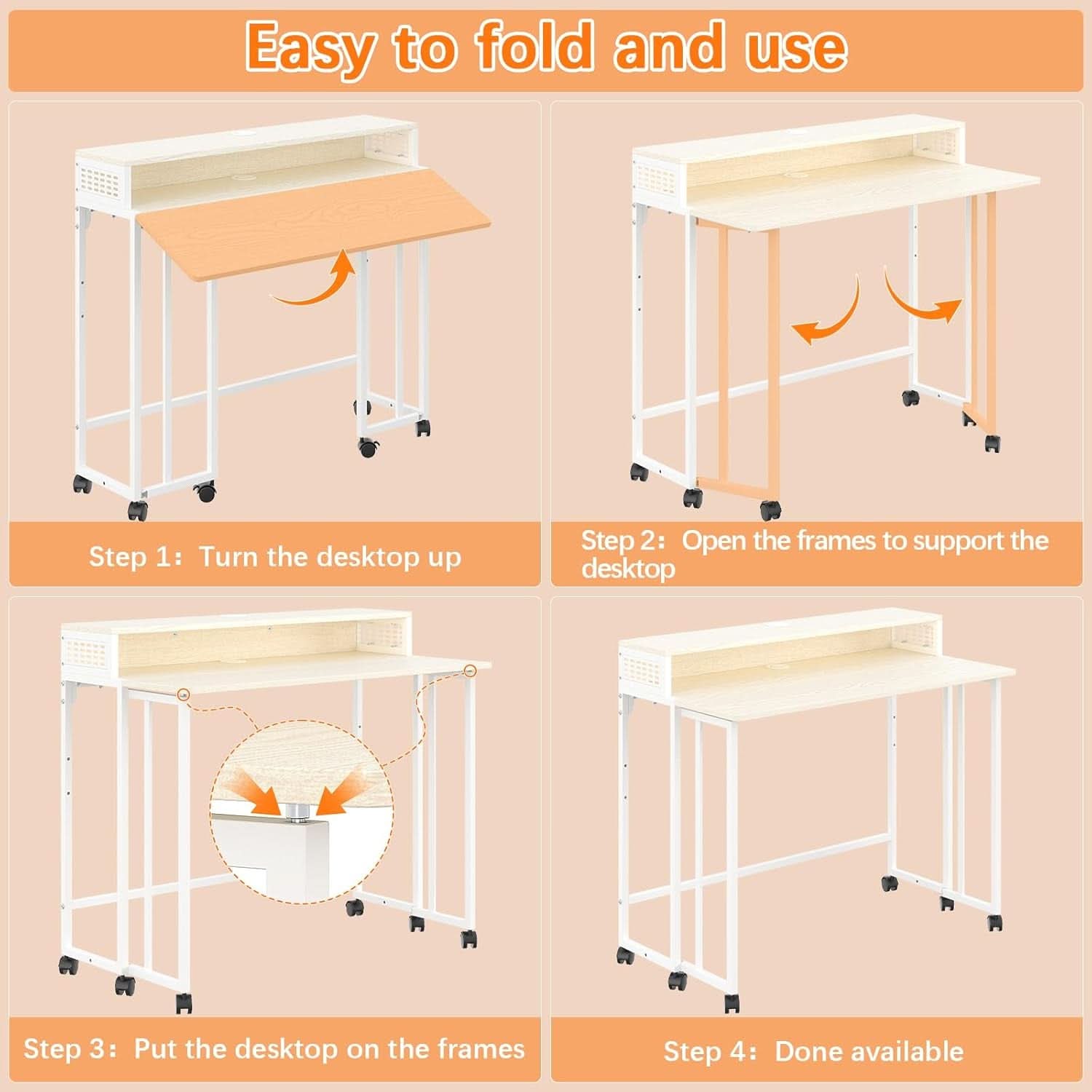 Folding Desk with Wheels and Storage for Small Spaces