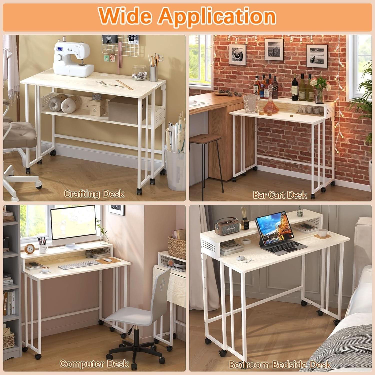 Folding Desk with Wheels and Storage for Small Spaces