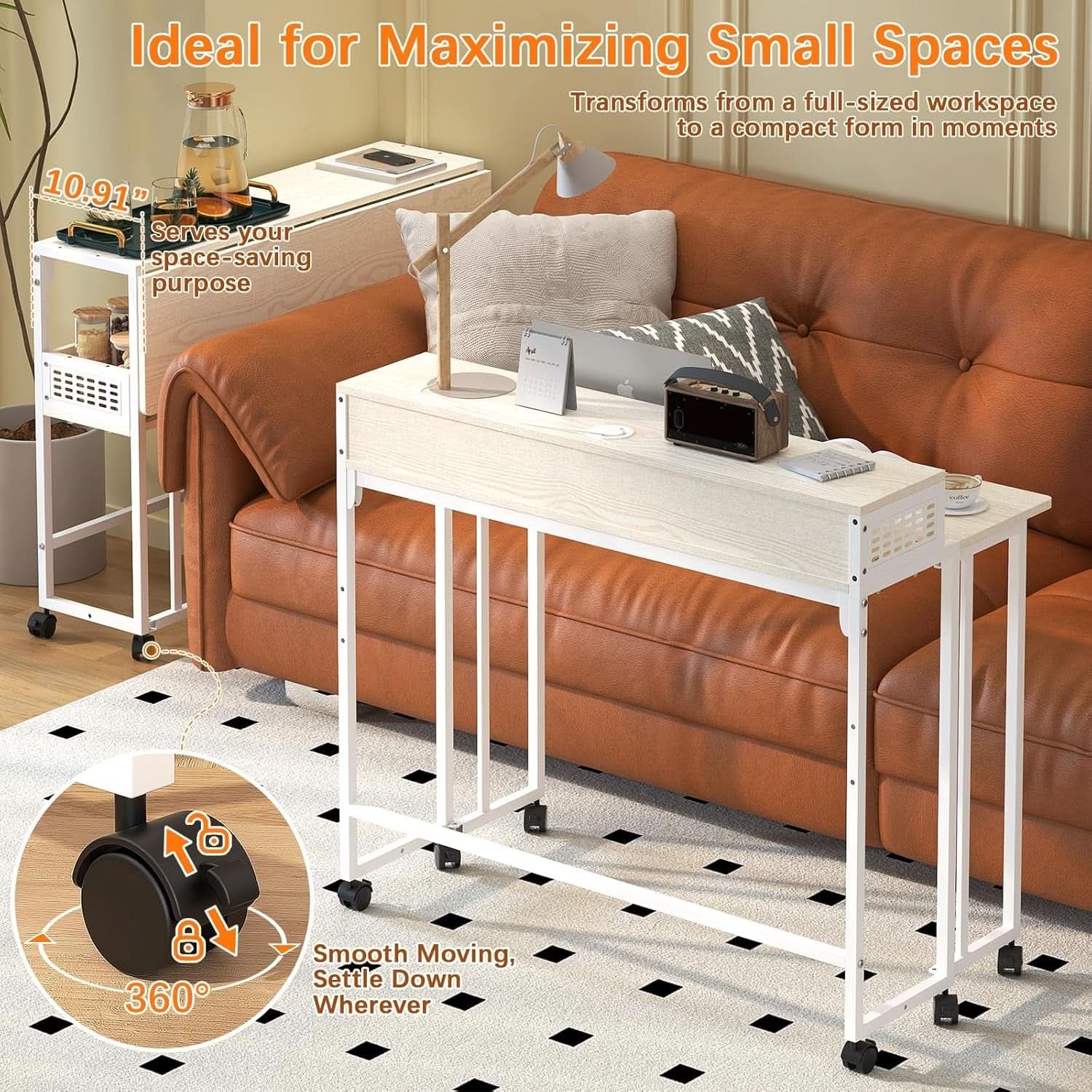 Folding Desk with Wheels and Storage for Small Spaces