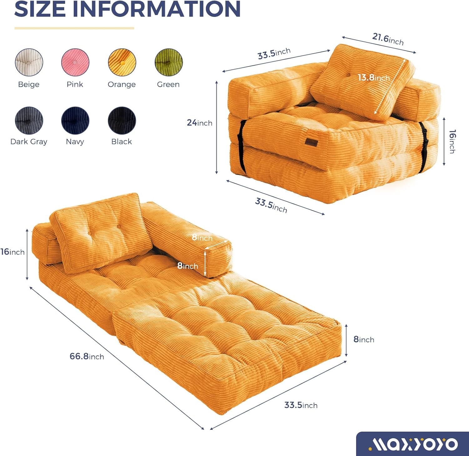 Folding Sofa Bed L Shaped Convertible Orange Living Room