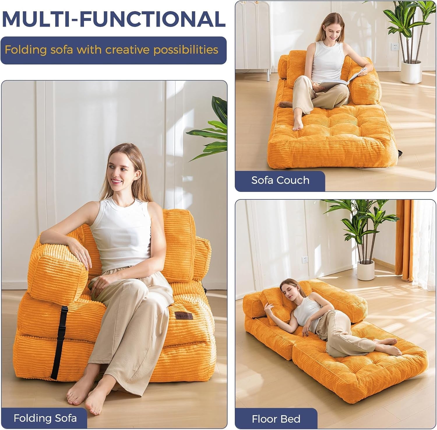 Folding Sofa Bed L Shaped Convertible Orange Living Room