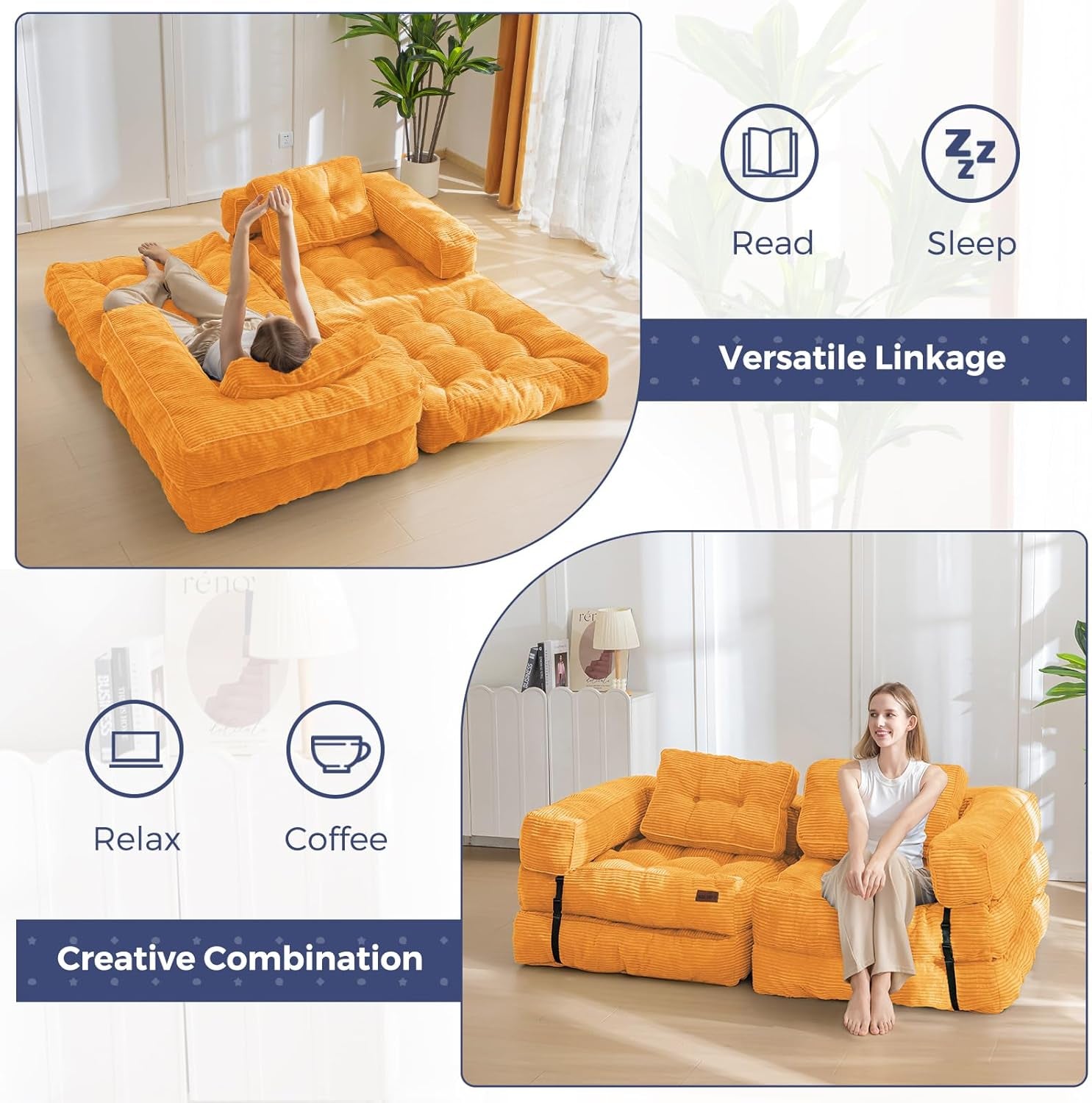 Folding Sofa Bed L Shaped Convertible Orange Living Room