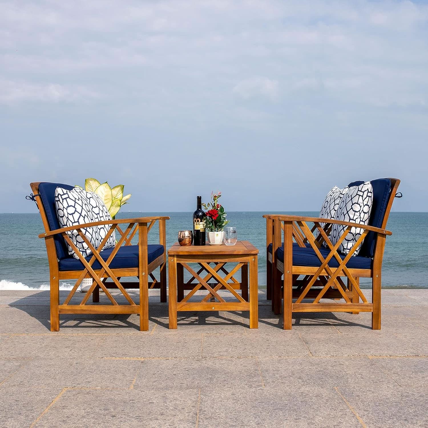 Fontana 4 Piece Patio Set Navy Cushions Geometric Pattern