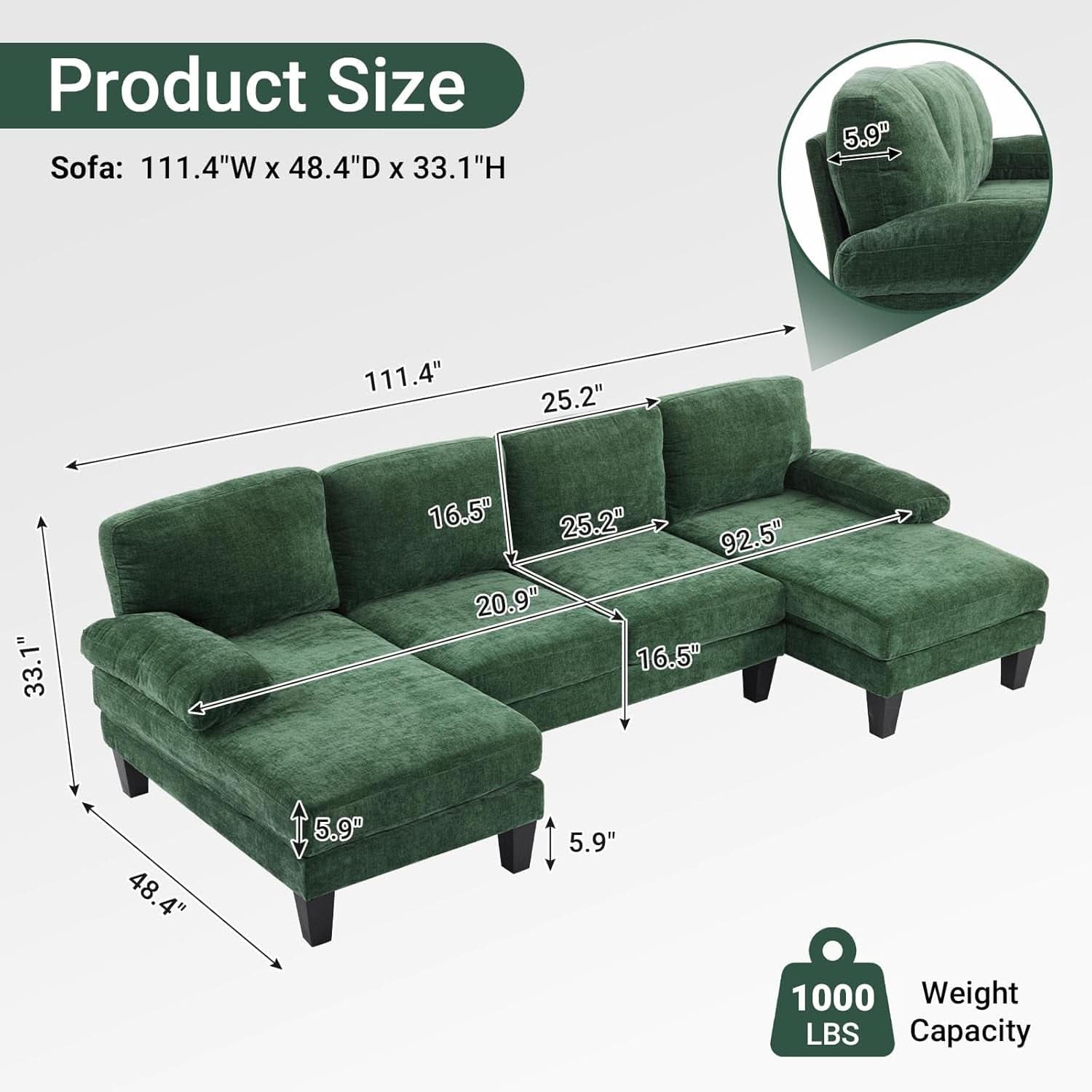 Forest Green 110 Inch U Shape Sectional Couch Double Chaise