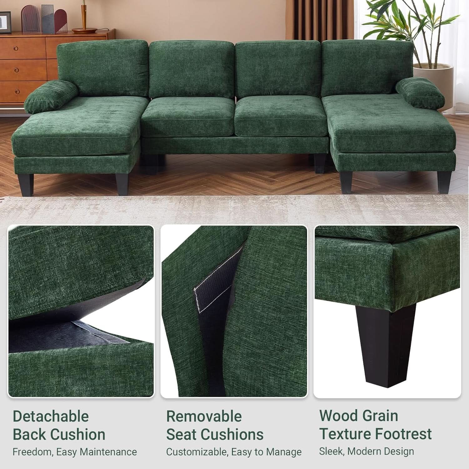 Forest Green 110 Inch U Shape Sectional Couch Double Chaise