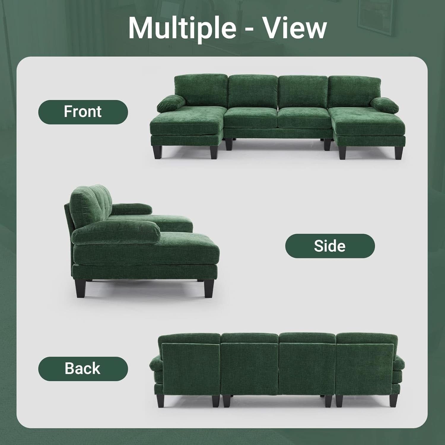 Forest Green 110 Inch U Shape Sectional Couch Double Chaise