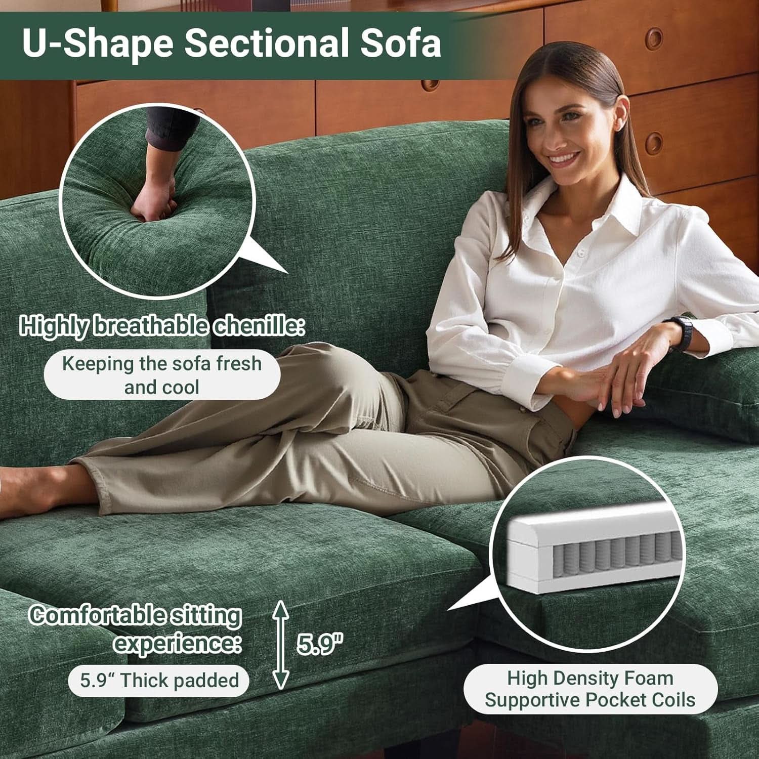 Forest Green 110 Inch U Shape Sectional Couch Double Chaise
