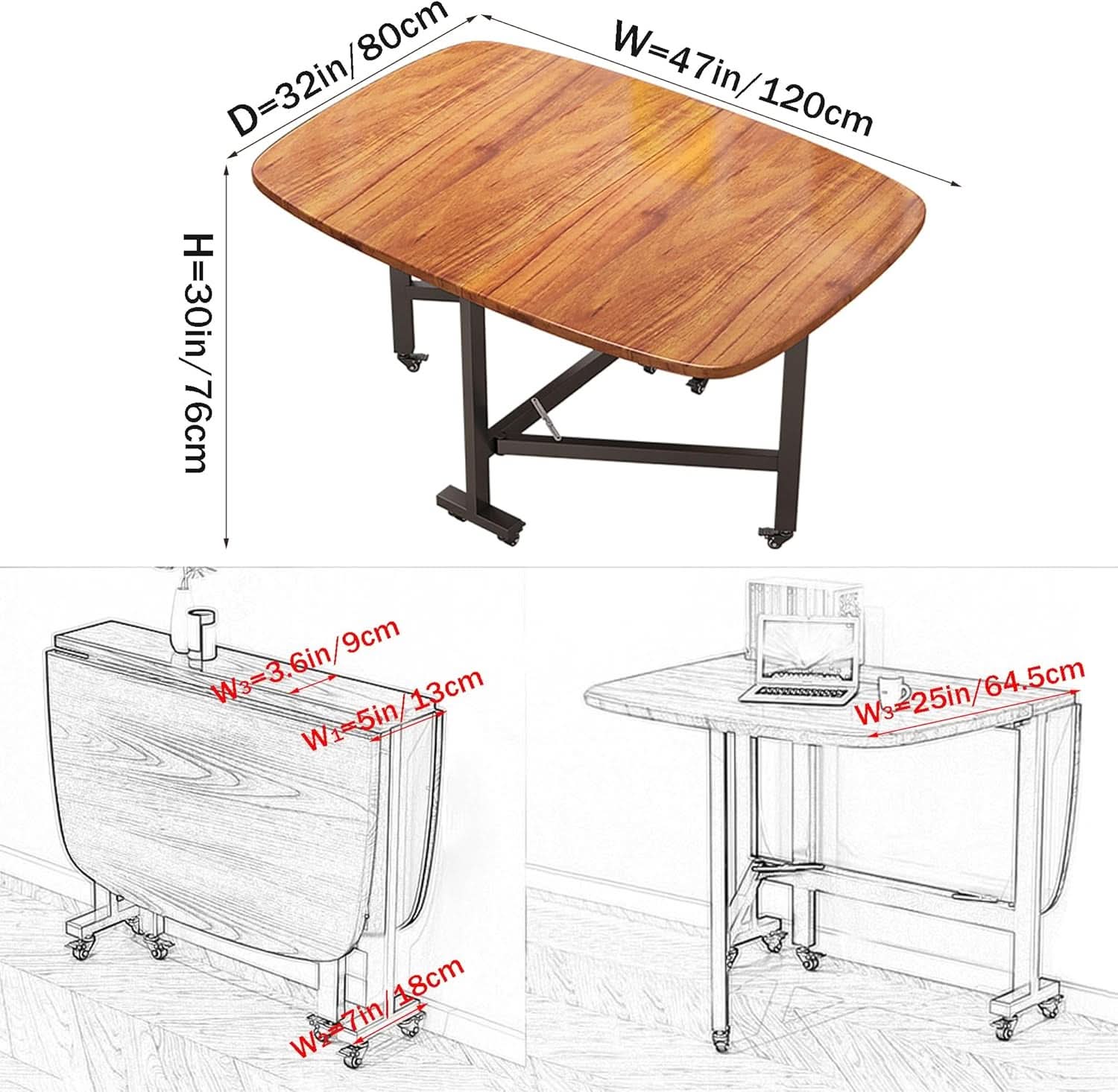 Forty Seven Inch Drop Leaf Folding Dining Table Solid Wood