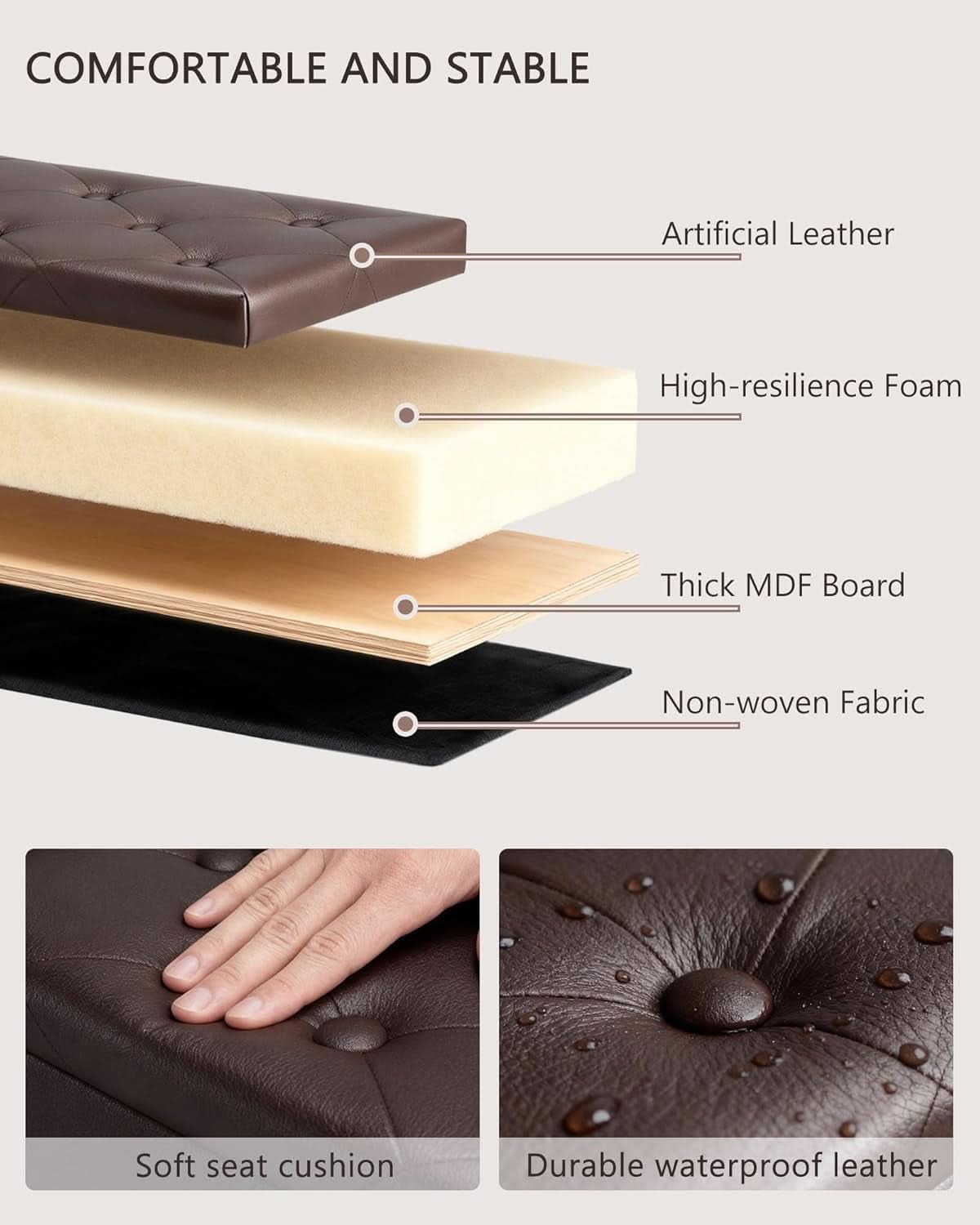 Forty Three Inch Brown Storage Ottoman With Concealed Dividers