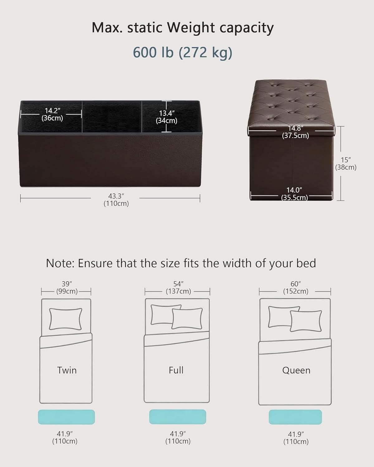 Forty Three Inch Brown Storage Ottoman With Concealed Dividers