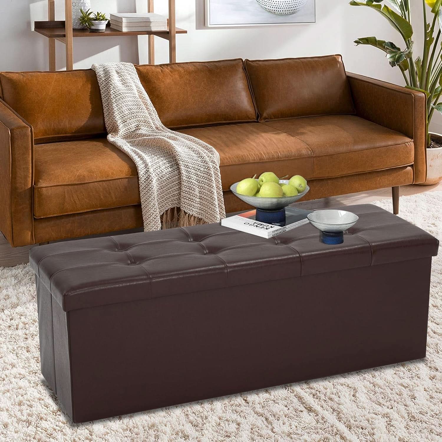 Forty Three Inches Folding Storage Ottoman Bench Brown Leather