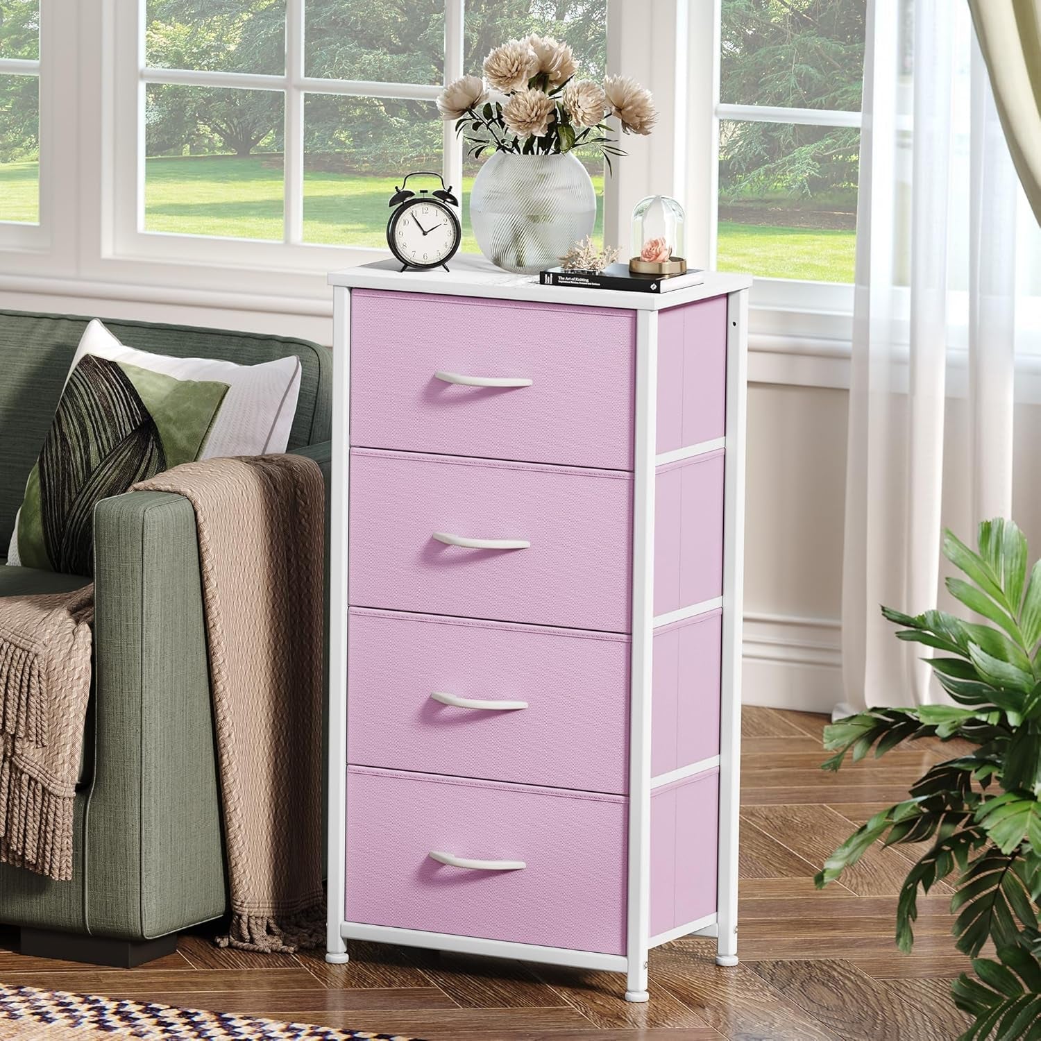 Four Drawer Fabric Storage Dresser With Wooden Top