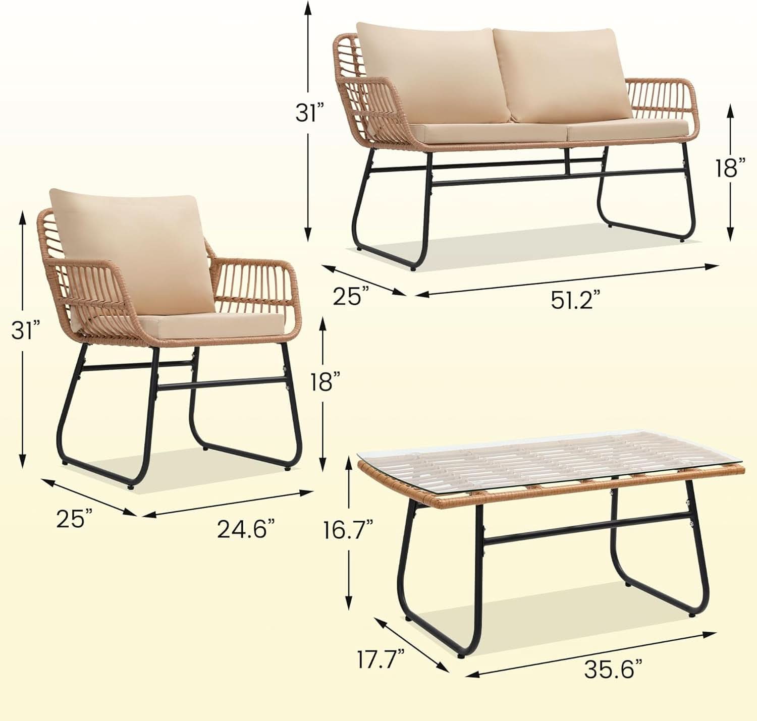 Four Piece Outdoor Wicker Sofa Rattan Chairs Set