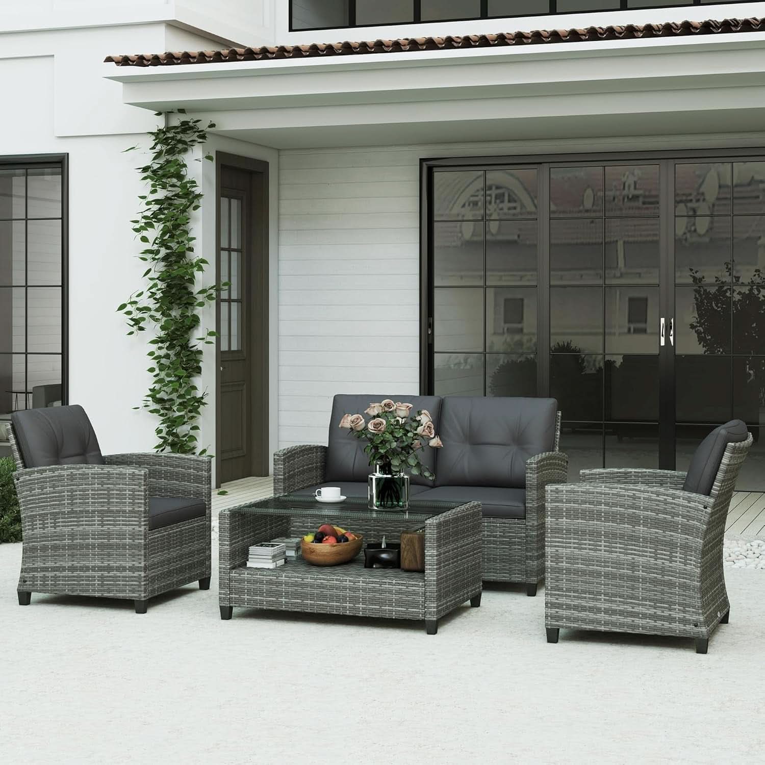 Four Piece Patio Furniture Set with Cushions and Table