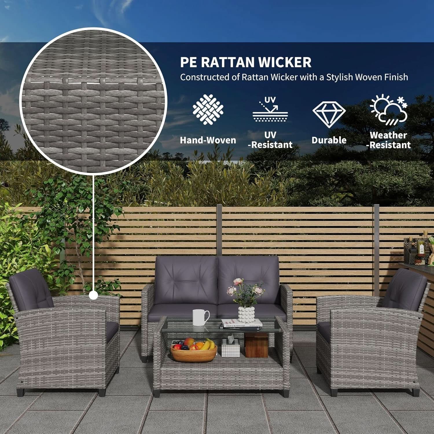 Four Piece Patio Furniture Set with Cushions and Table