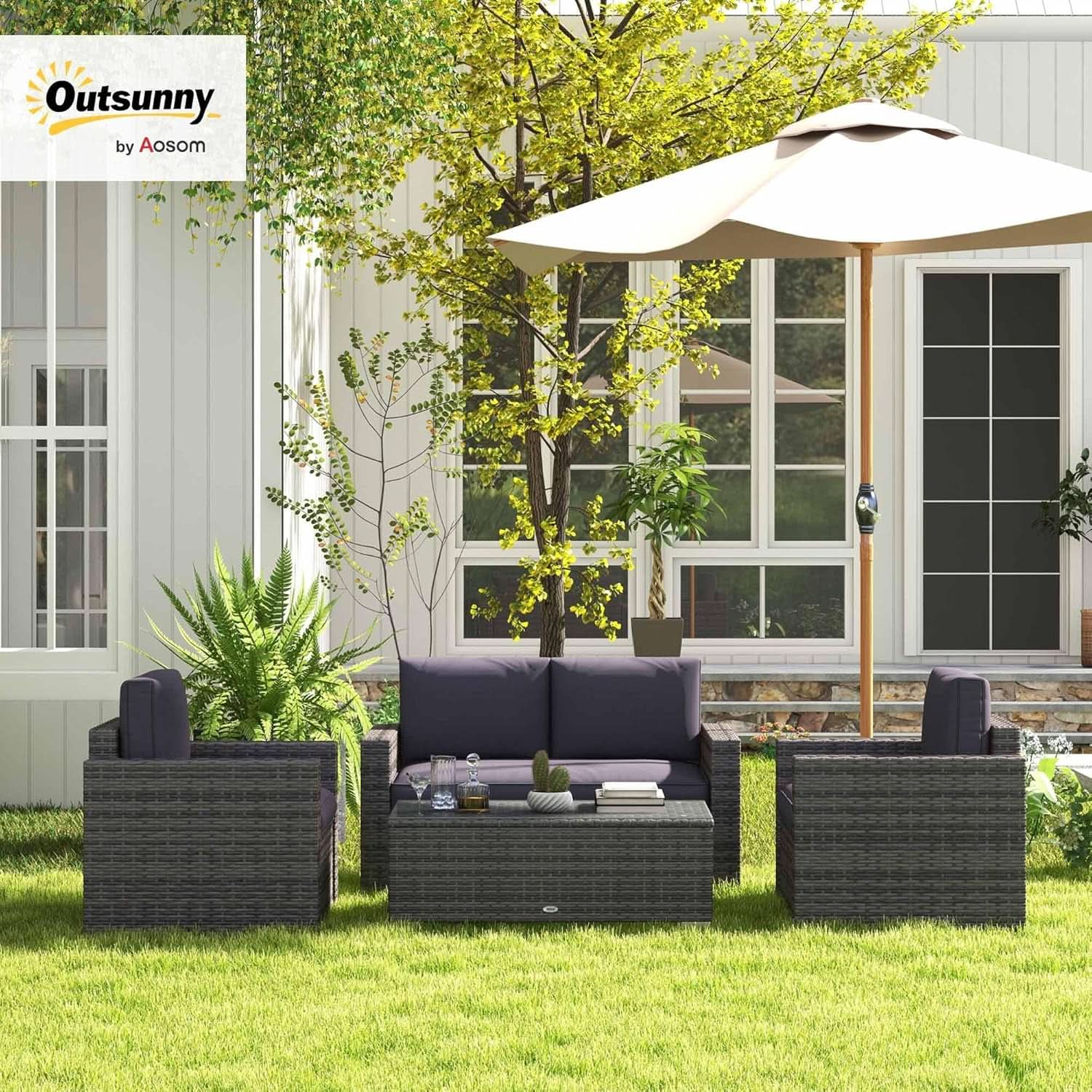 Four Piece Wicker Patio Furniture Set with Cushions