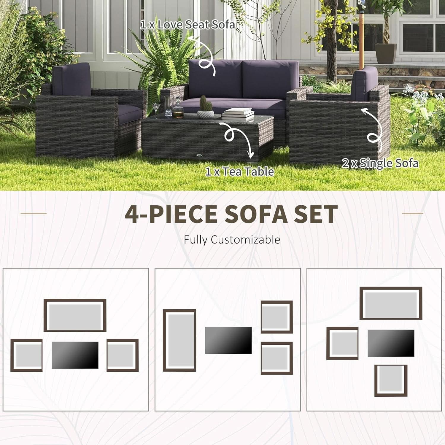 Four Piece Wicker Patio Furniture Set with Cushions