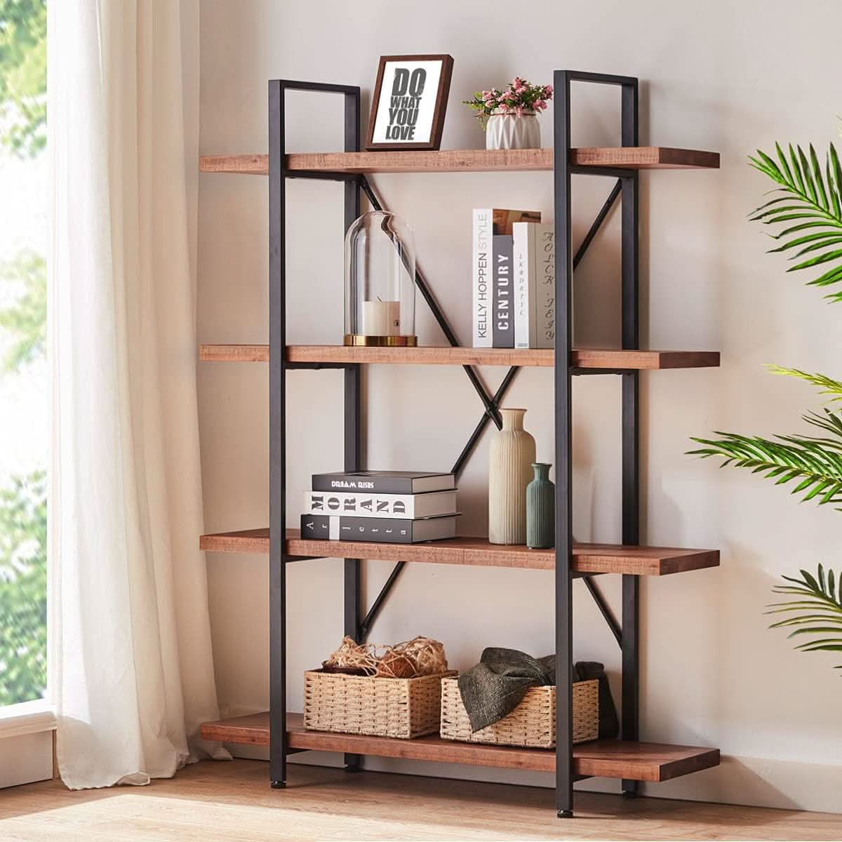 Four Tier Natural Wood Bookshelf Rustic Industrial