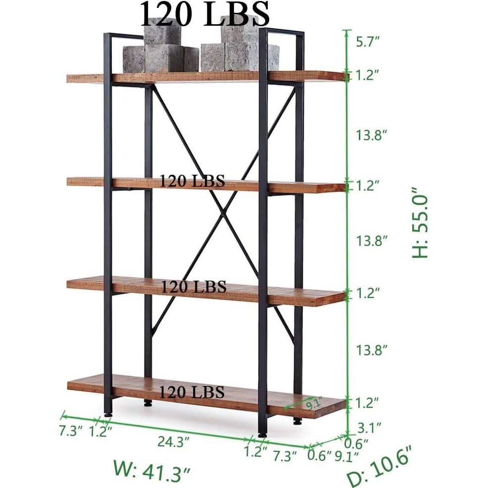 Four Tier Natural Wood Bookshelf Rustic Industrial