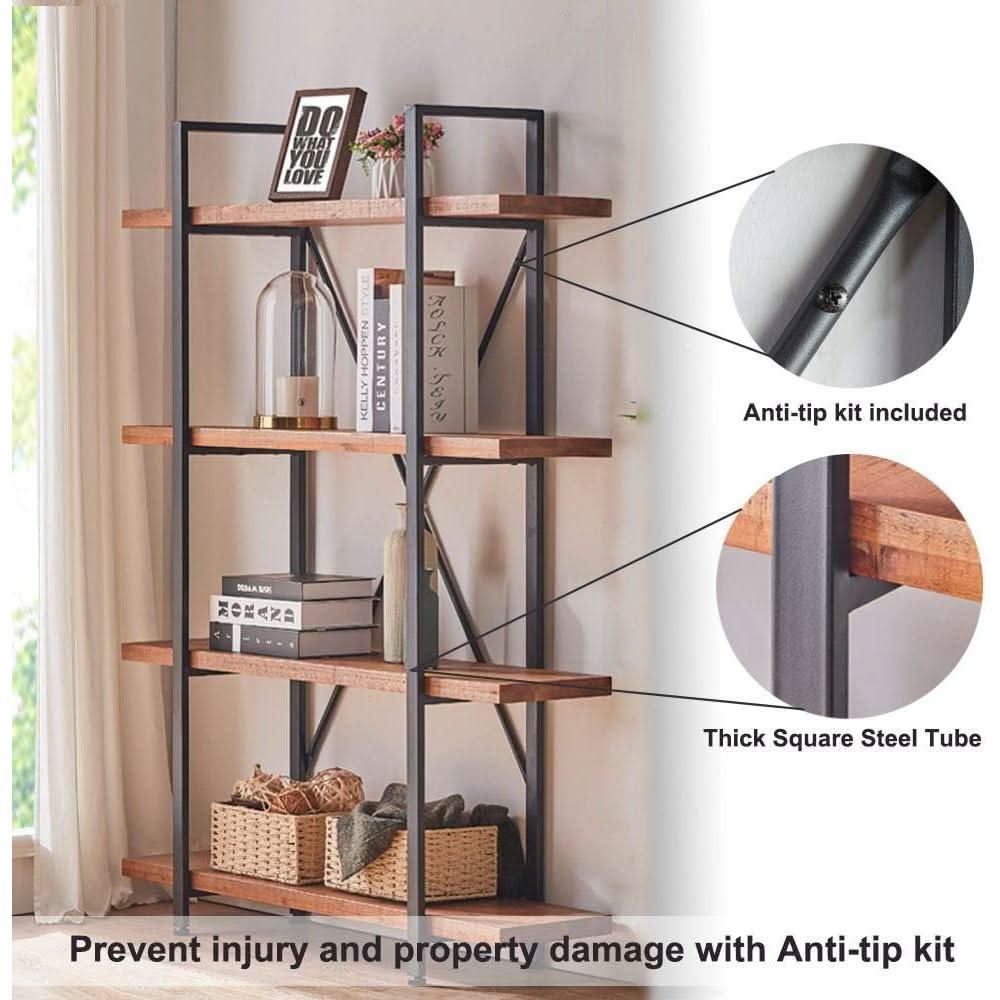 Four Tier Natural Wood Bookshelf Rustic Industrial