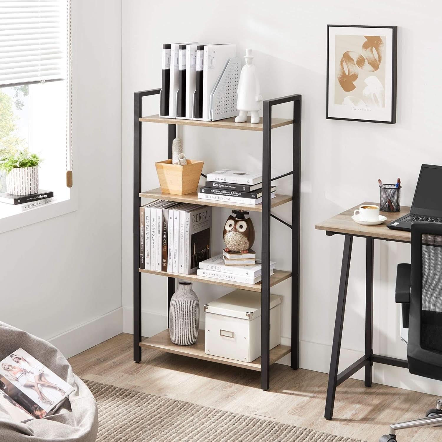 Four Tier Tall Bookshelf With Steel Frame Greige Black
