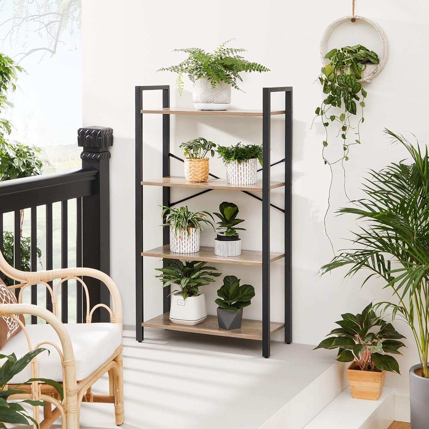 Four Tier Tall Bookshelf With Steel Frame Greige Black