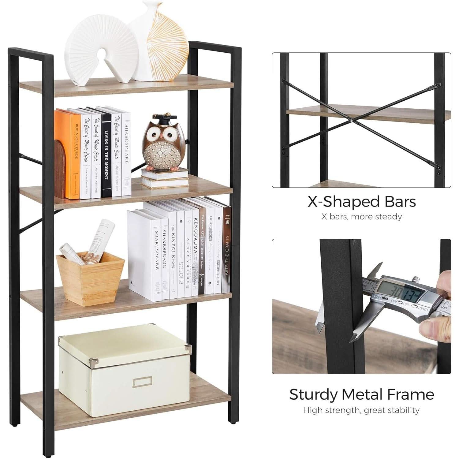 Four Tier Tall Bookshelf With Steel Frame Greige Black
