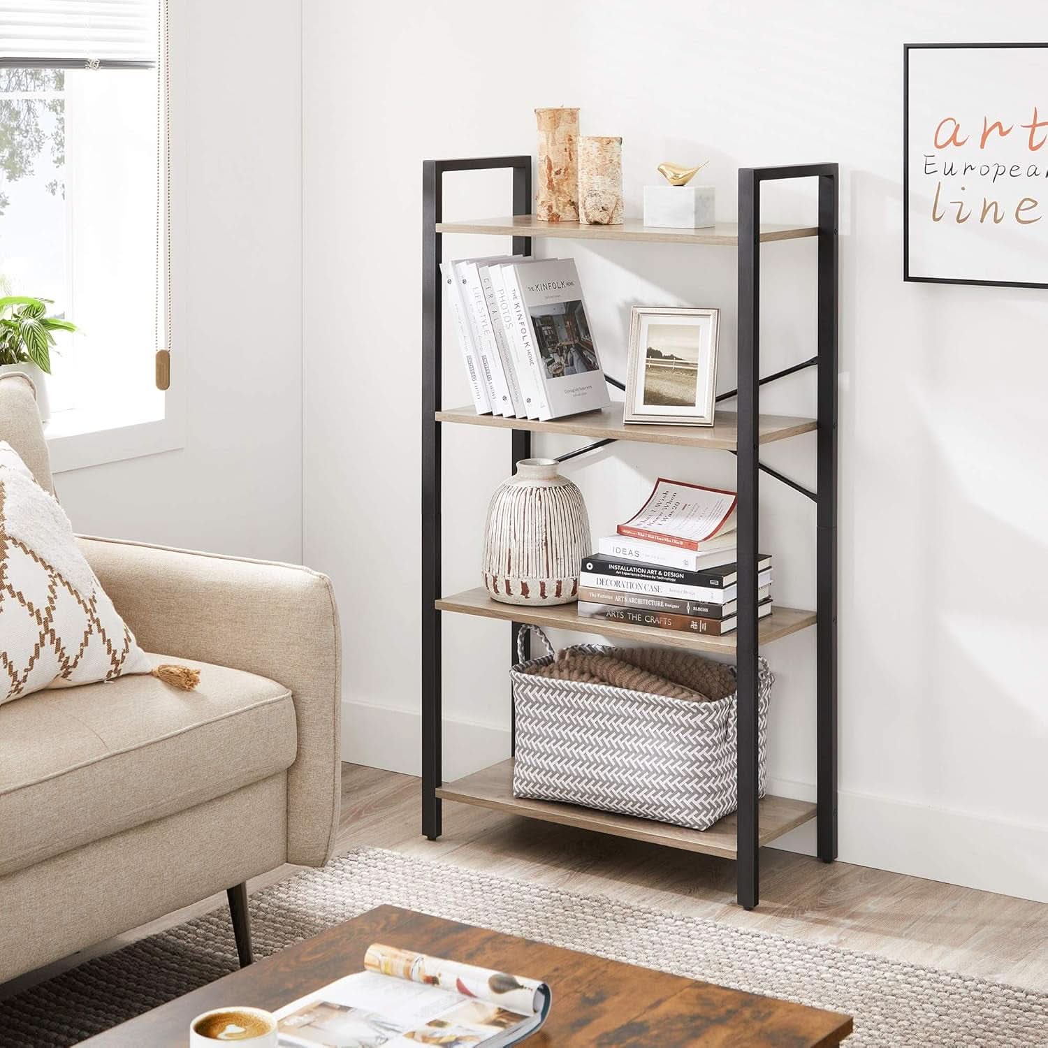 Four Tier Tall Bookshelf With Steel Frame Greige Black