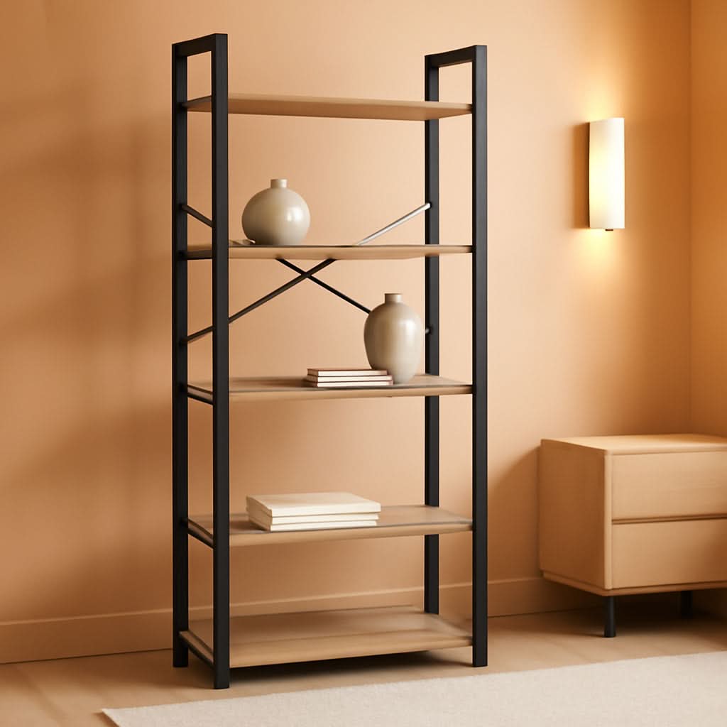 Four Tier Tall Bookshelf With Steel Frame Greige Black