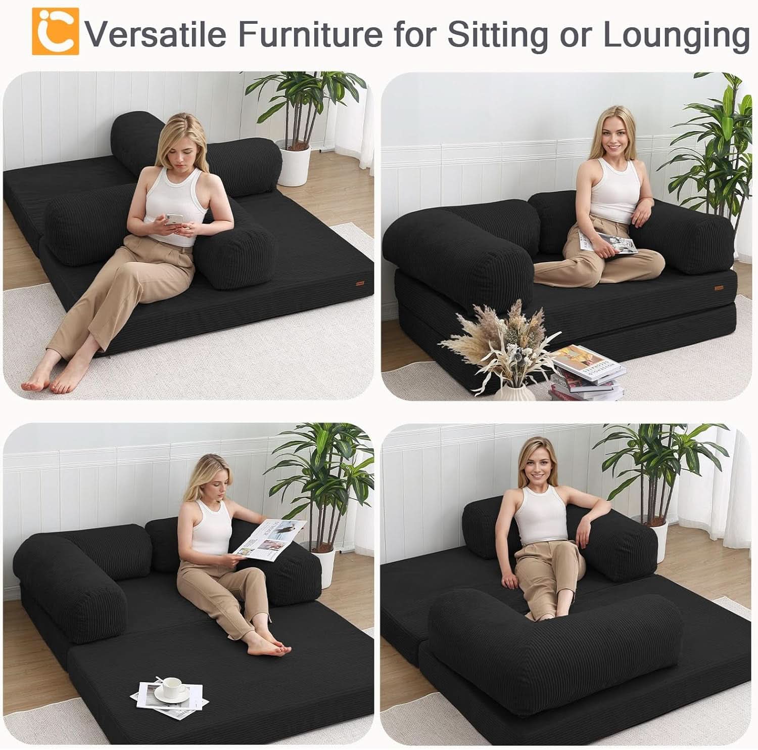 FourInOne Futon Sofa Bed Black Foldable Lounge Chair