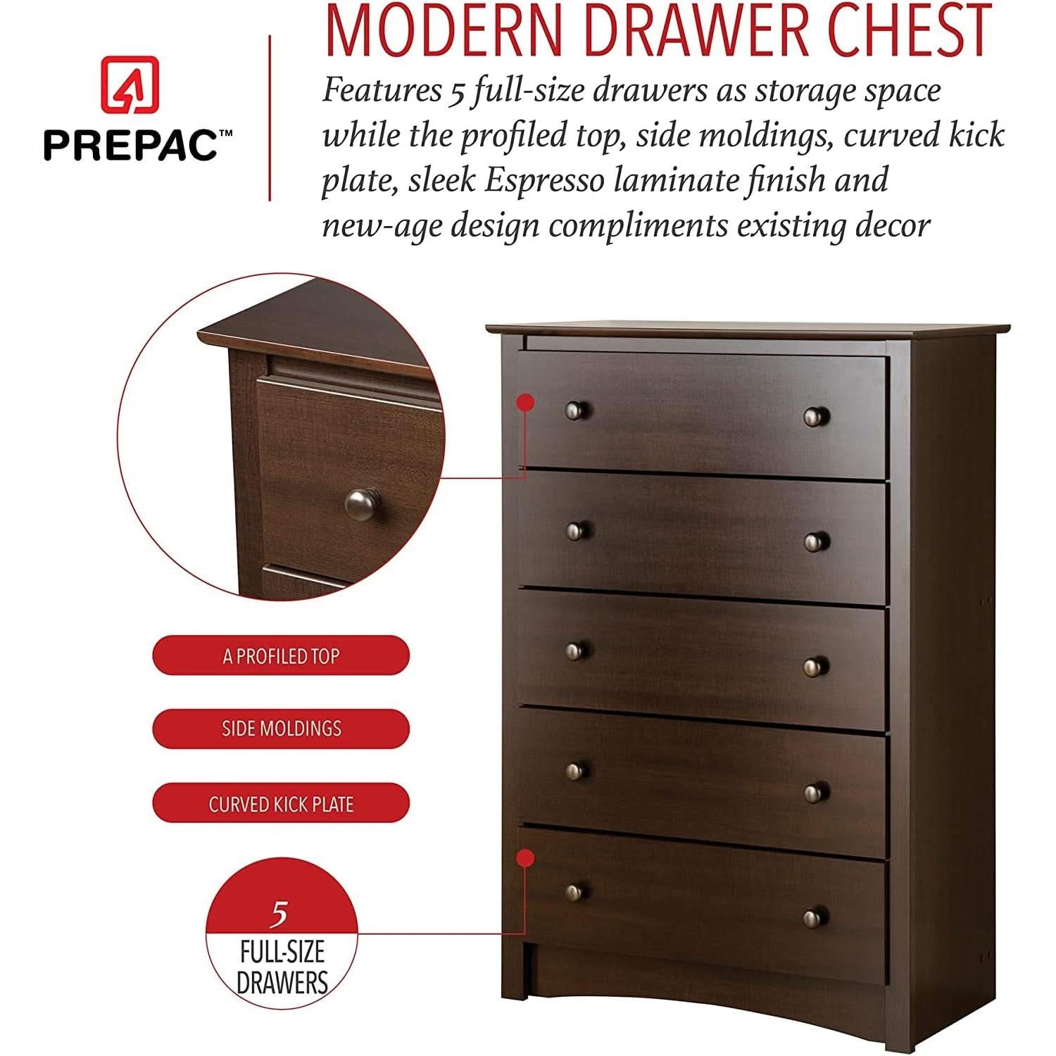 Fremont Espresso 5 Drawer Chest For Bedroom Storage