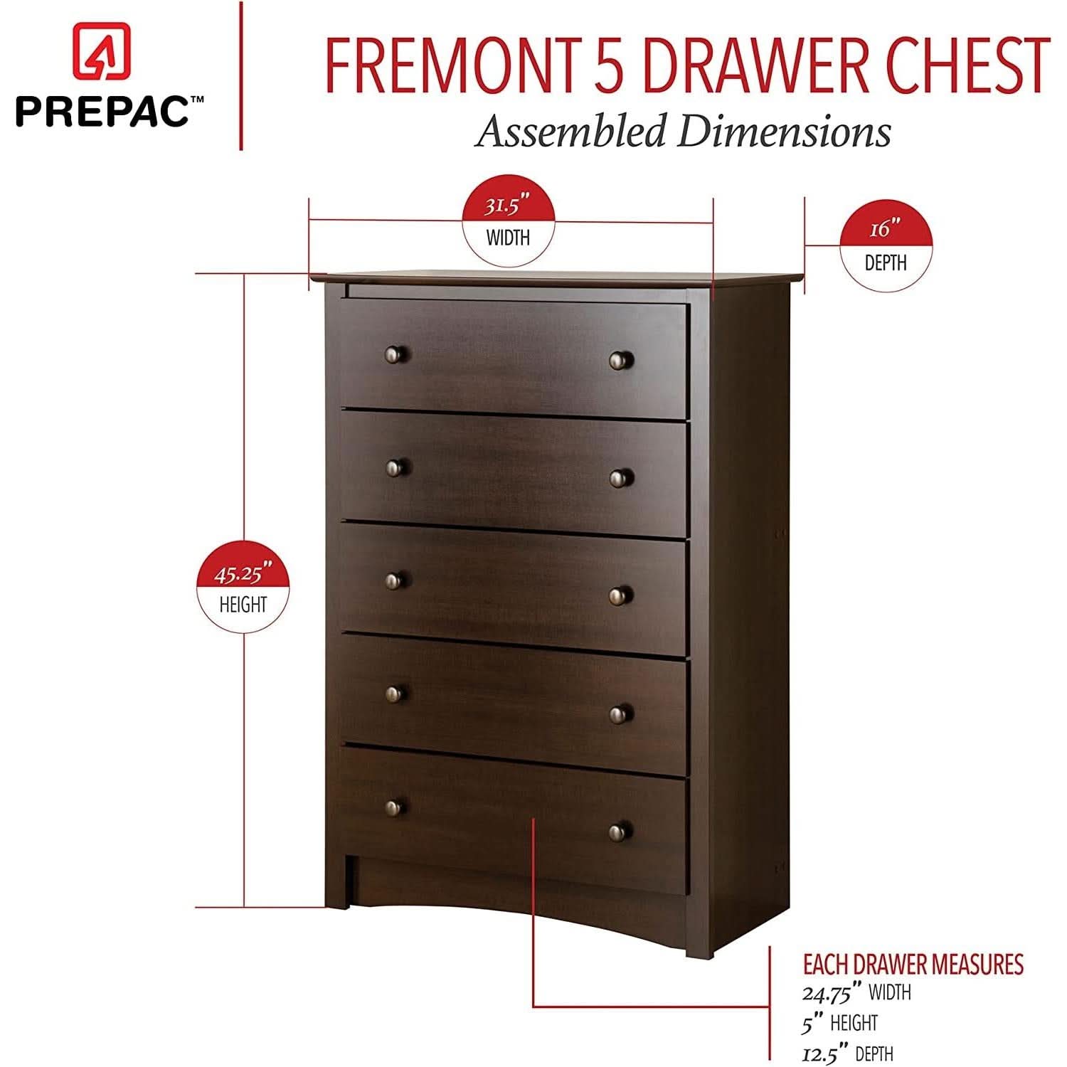 Fremont Espresso 5 Drawer Chest For Bedroom Storage