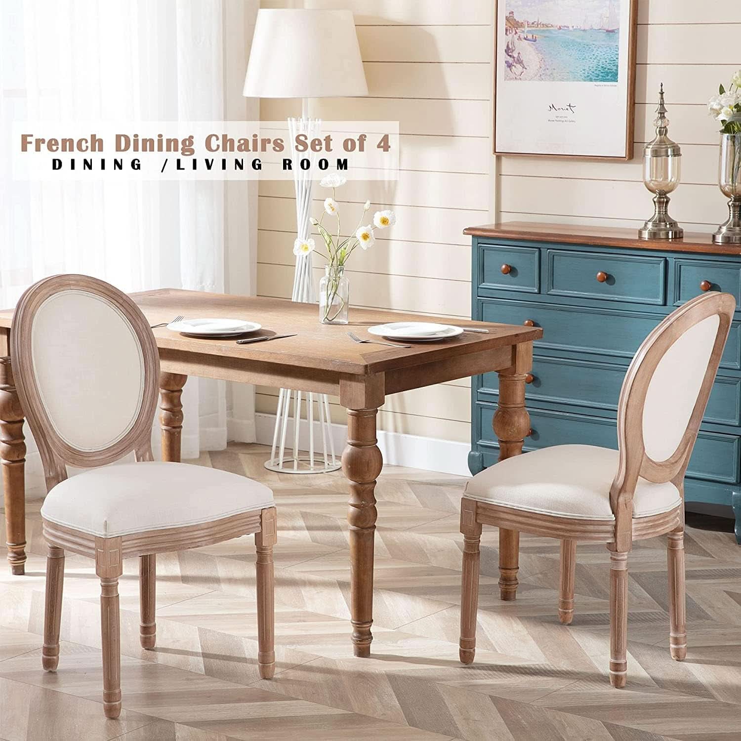 French Country Dining Chairs Set Of 4 With Linen Upholstery And Solid Wood Legs